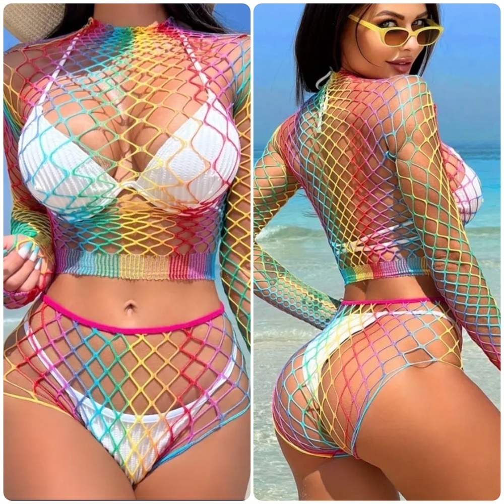 2pc Rainbow Hollow Out Long Sleeve Crop Top & Shorts Cover Up Set
